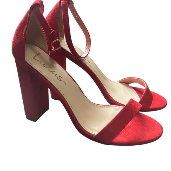 Lulus Red Suede Ankle Strap Block Heel Sandals Party Wedding Shoes‎ - Picture 2 of 9